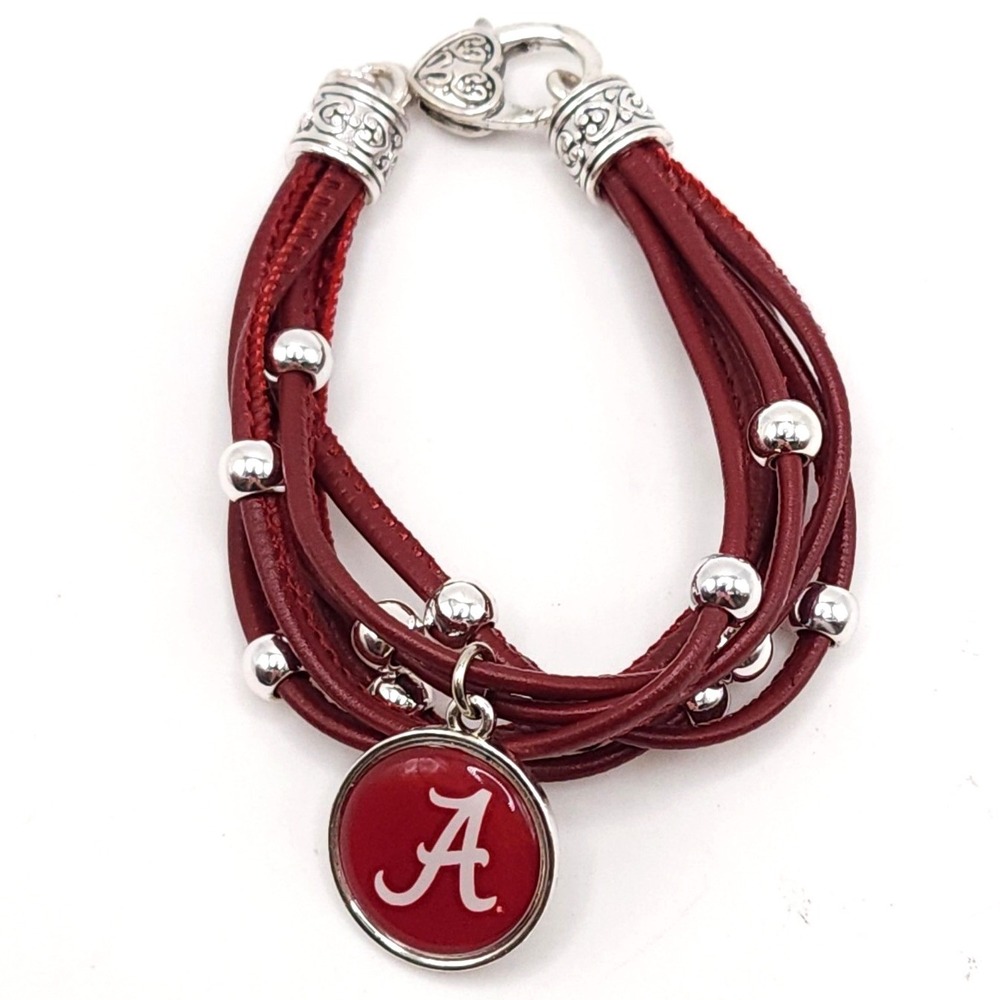 Alabama Crimson Tide Leather Cord Bracelet Red Silver Tone Team Logo Charm 7"